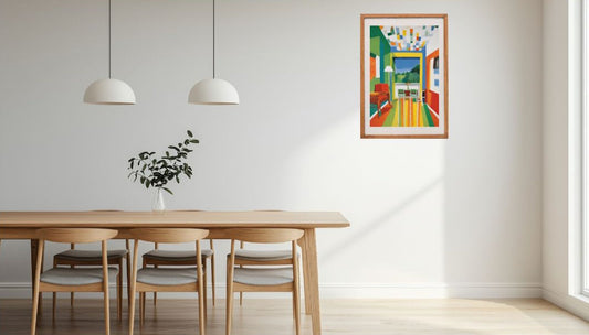 Dining room with a wooden table, chairs, and a colorful abstract painting of a room on the wall.