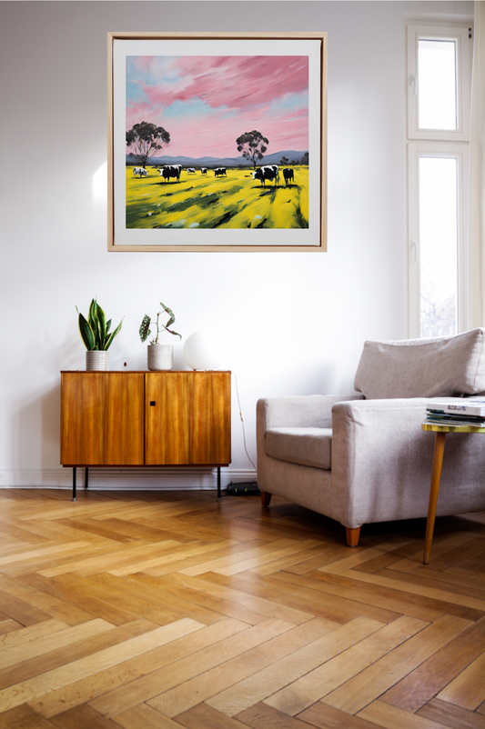 australian landscape art print, grampian mountains, yellow canola fields, gum trees and cows art print framed and haning on wall.