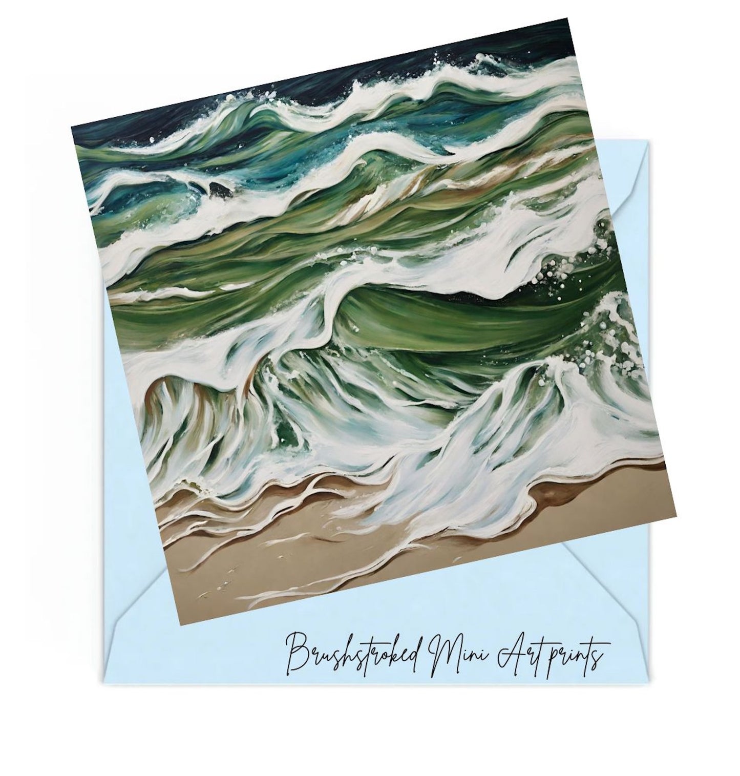 Mini art print of the ocean waves with a matching envelope on a white background.