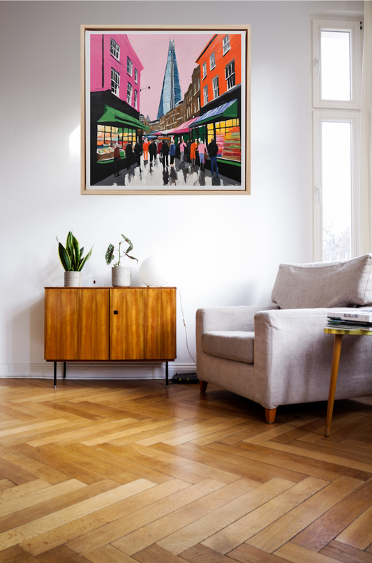 The shard and borough market london colourful art print hanging on wall framed in wood.
