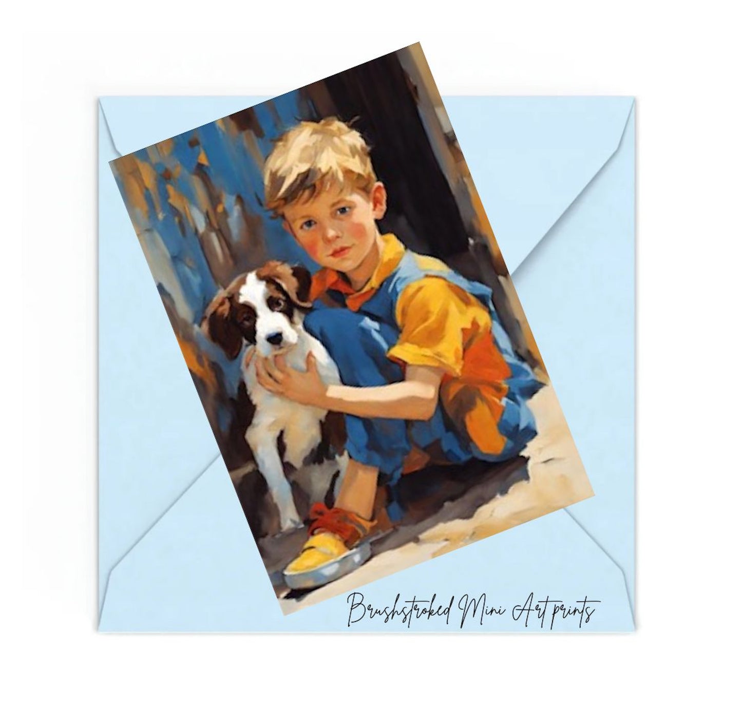 boy with blonde hair blue eyes holding a brown and white puppy sitting on the ground colourful mini art print