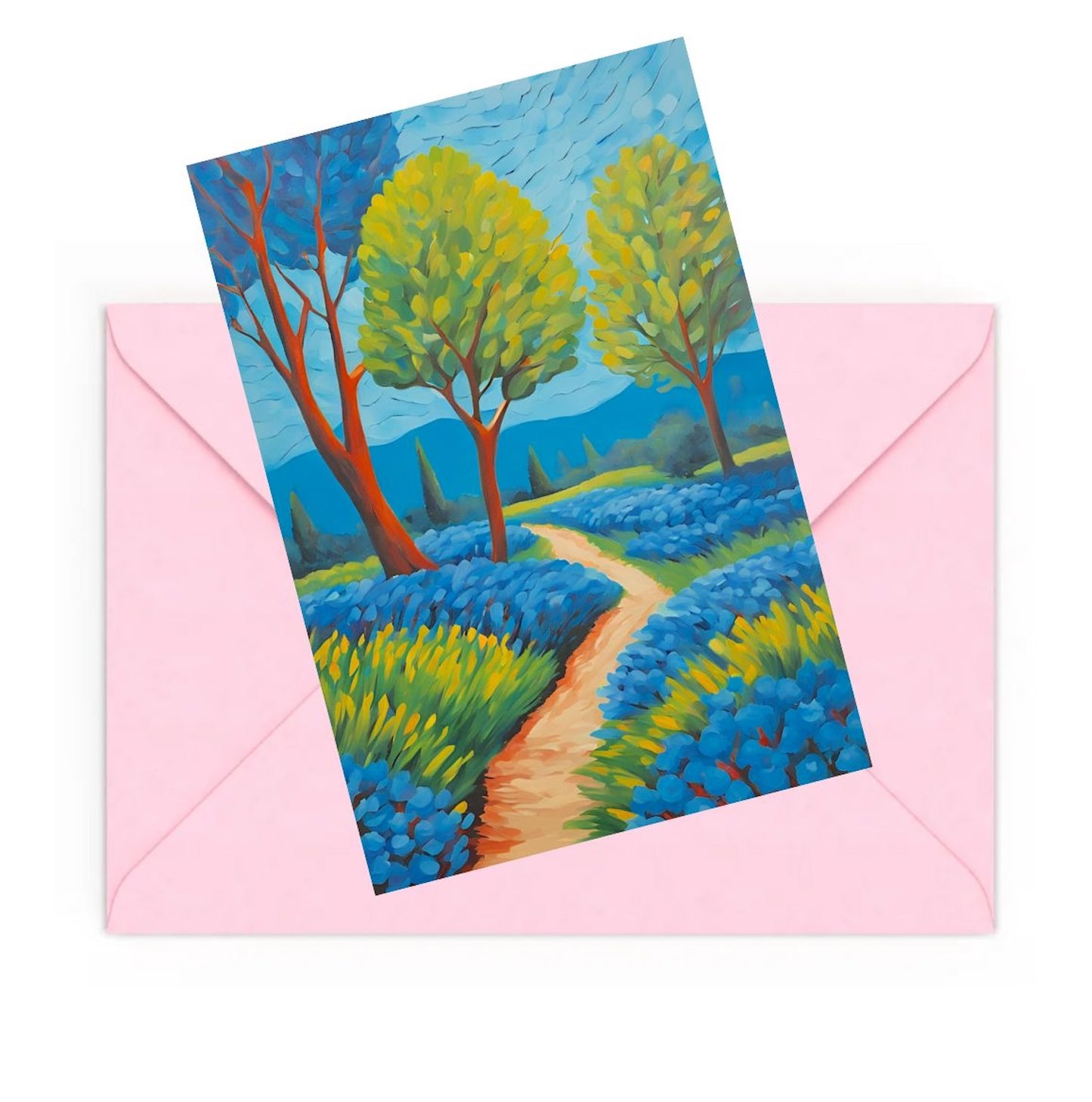 Mini art print of a whimsical landscape featuring trees, path and hills, on top of an envelope