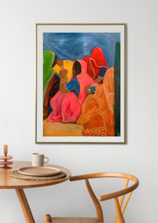 indian women in colourful sarees huddled together art print framed and hung on wall