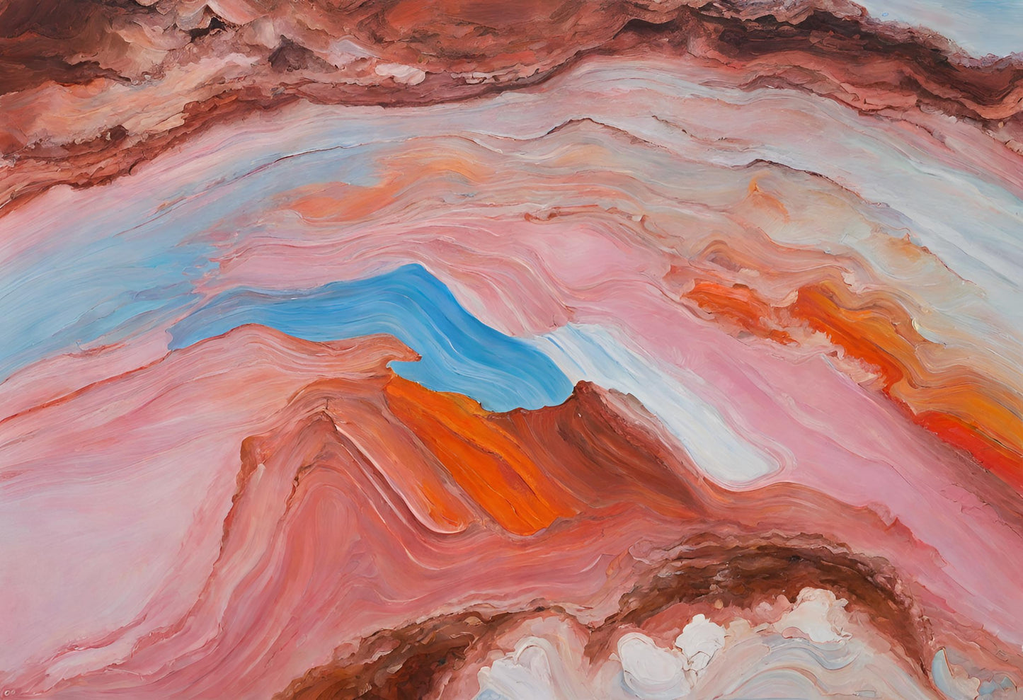 Abstract Australian landscape painting with swirling colours of pink, orange, and blue, white and Brown