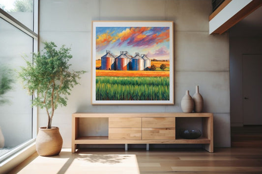 Colorful painting of silos on a wall above a wooden cabinet with decorative vases.