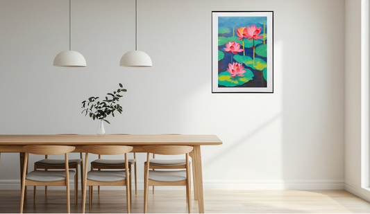 Dining room with a wooden table, chairs, and a colorful framed lotus flower art painting on the wall.