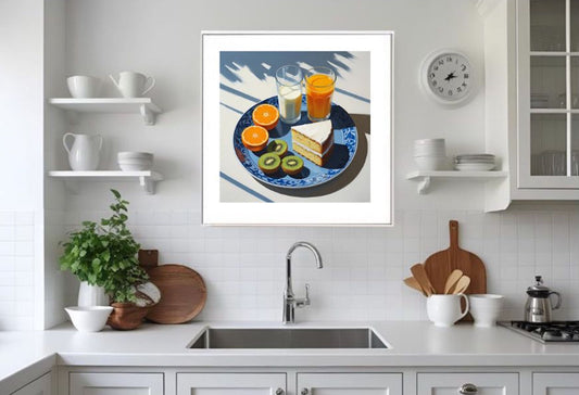 Oranges,kiwi fruit, milk and orange juice on blue and white plate kitchen dining wall art