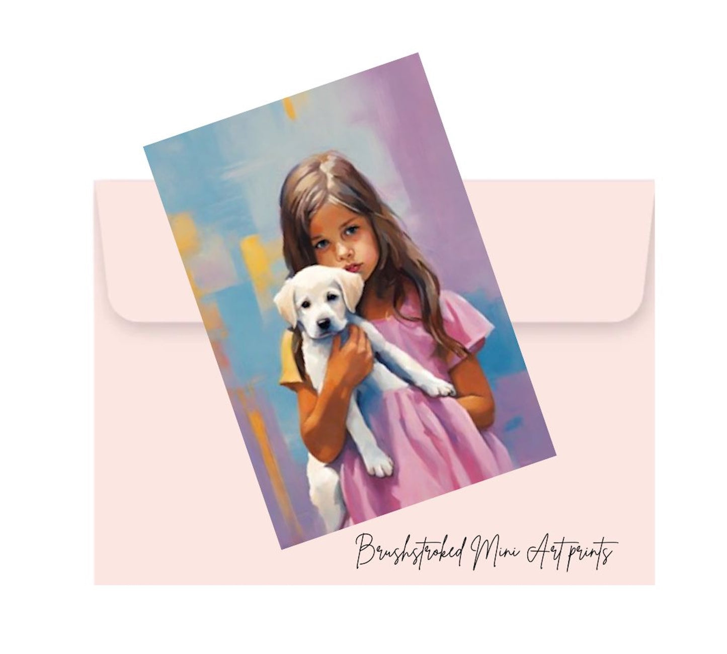 girl in Pink dressholding a white puppy colourful background mini art print