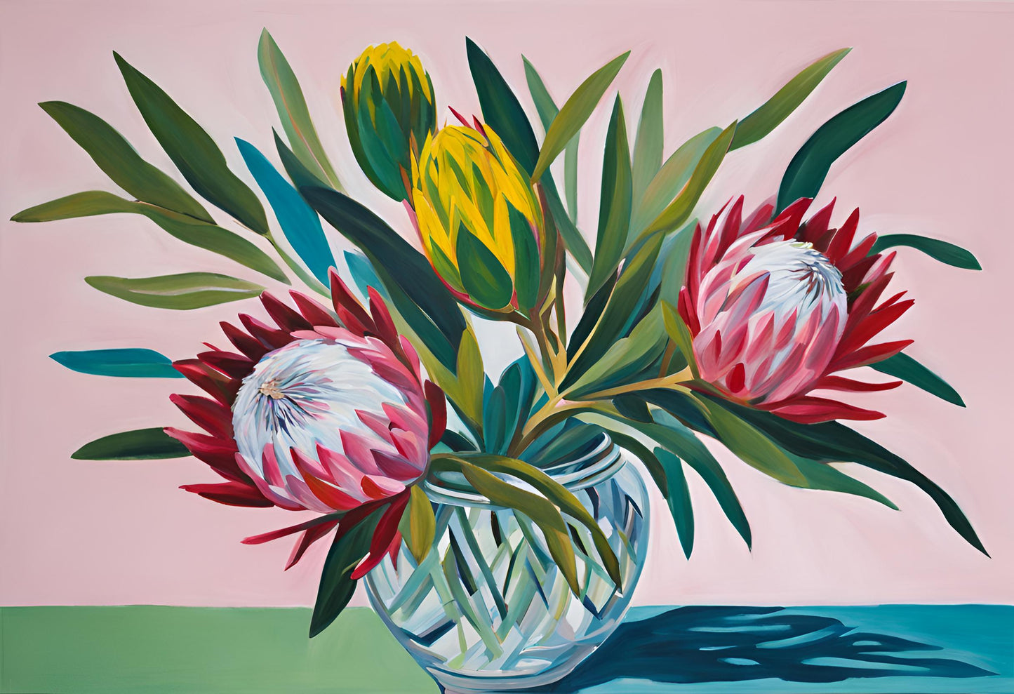 colorful proteas flowers in glass jar on able art print