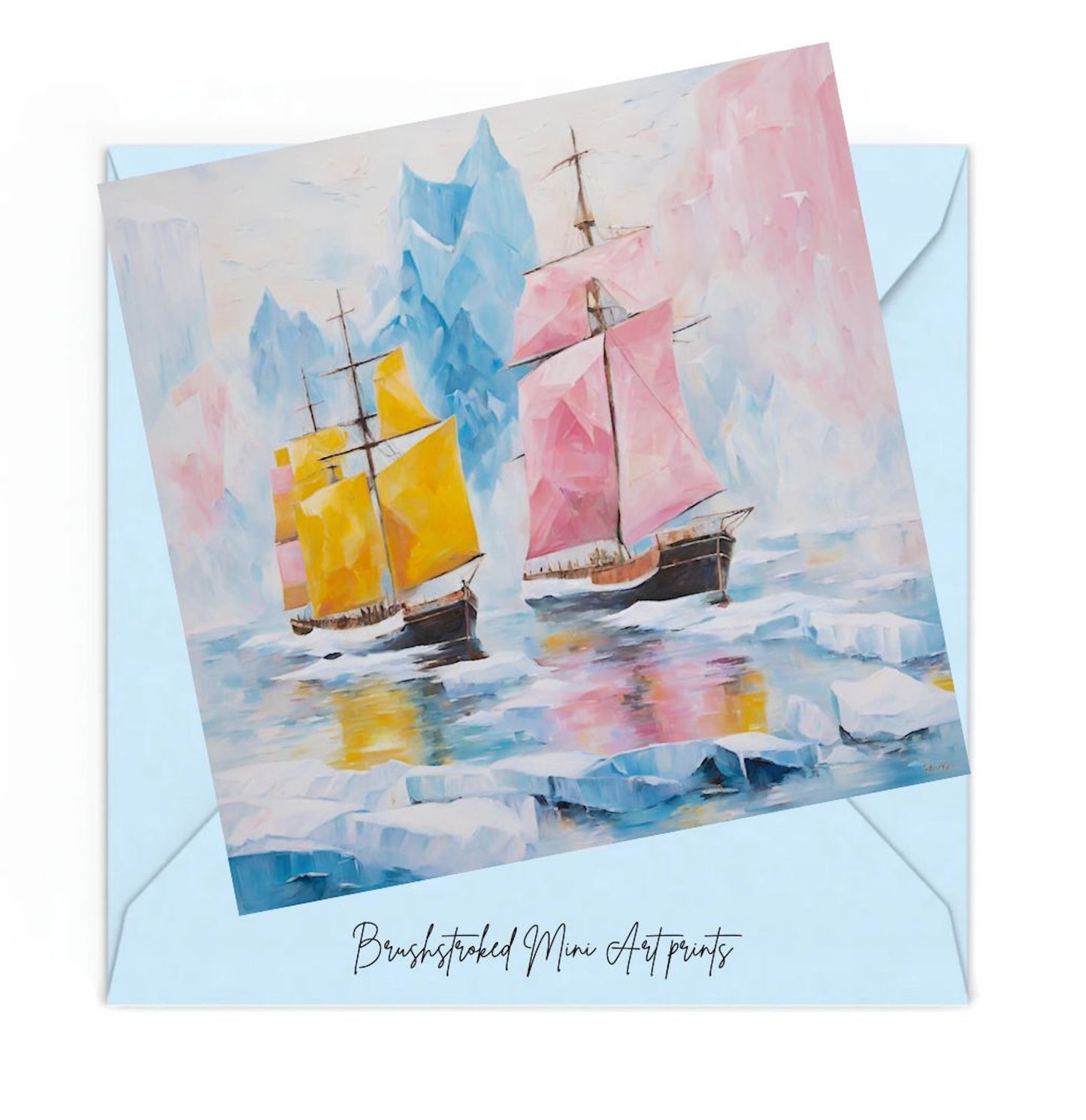 Art print of two sailboats in water with icebergs on a blue envelope