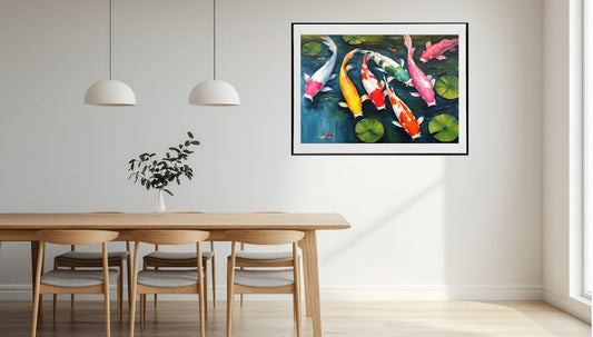 Framed artwork of colorful koi fish on a wall above a dining table.
