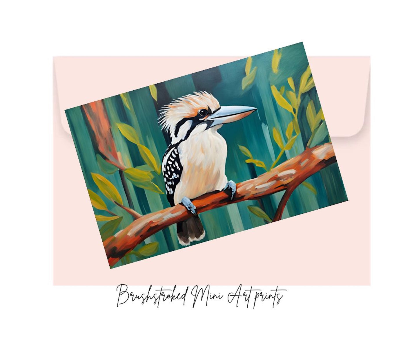 mini Art print of a kookaburra on a gum tree branch on a a pink envelope