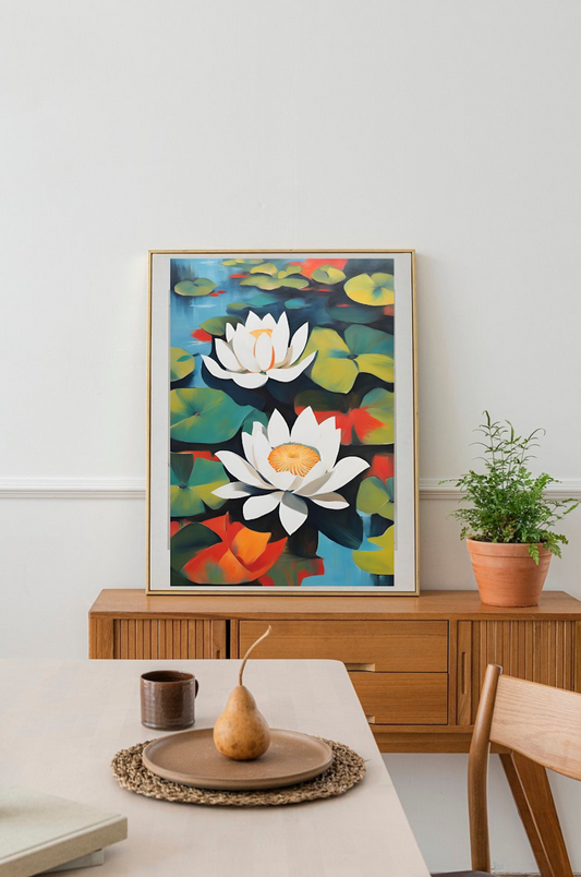 Lotus And Lilypads In Pond Giclée Art Print.