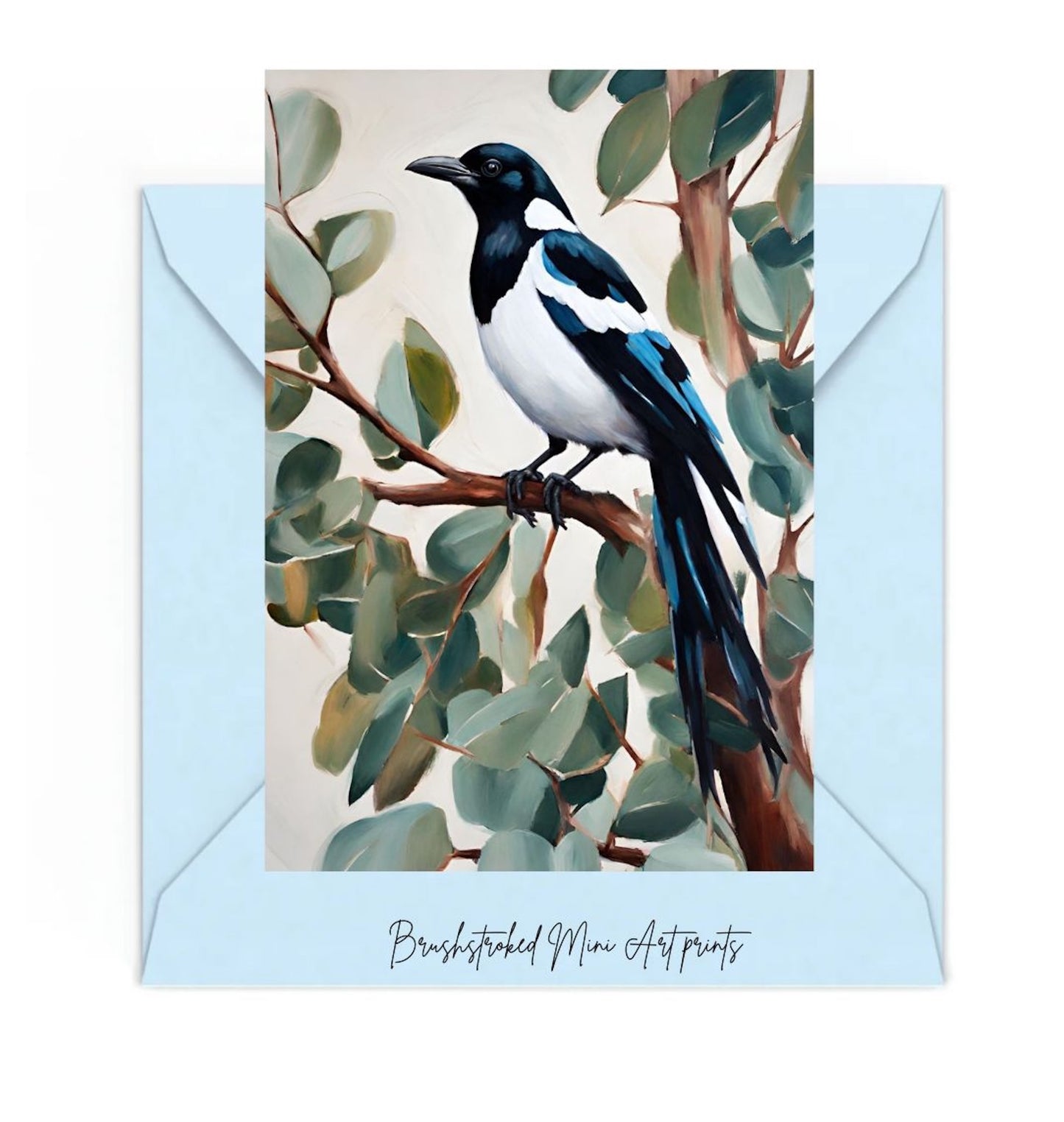 Magpie on gum tree branch mini art print
