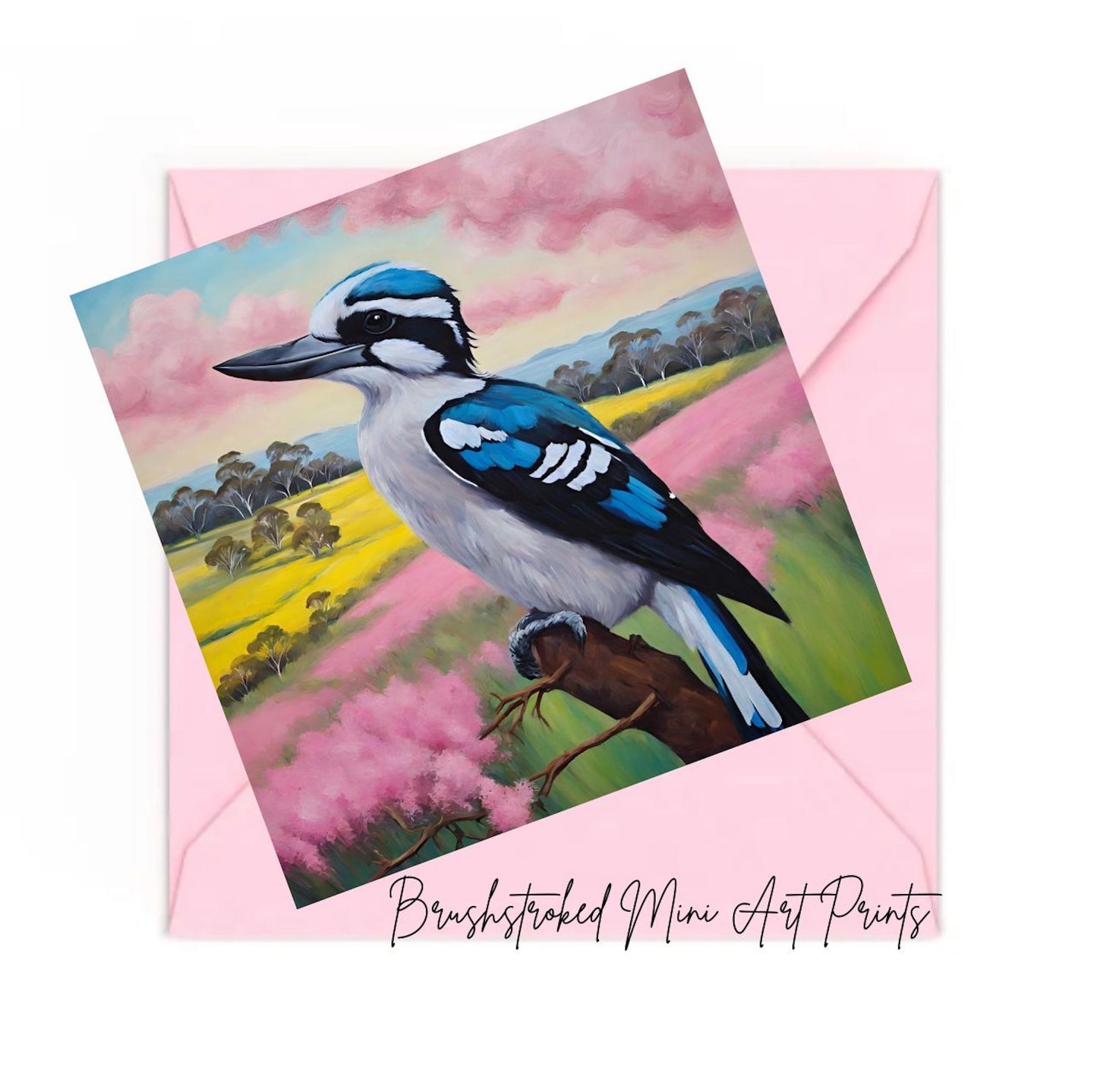 Art print of a Kokkaburra bird on a pink envelope with 'Brushstroked Mini Art Prints' text.
