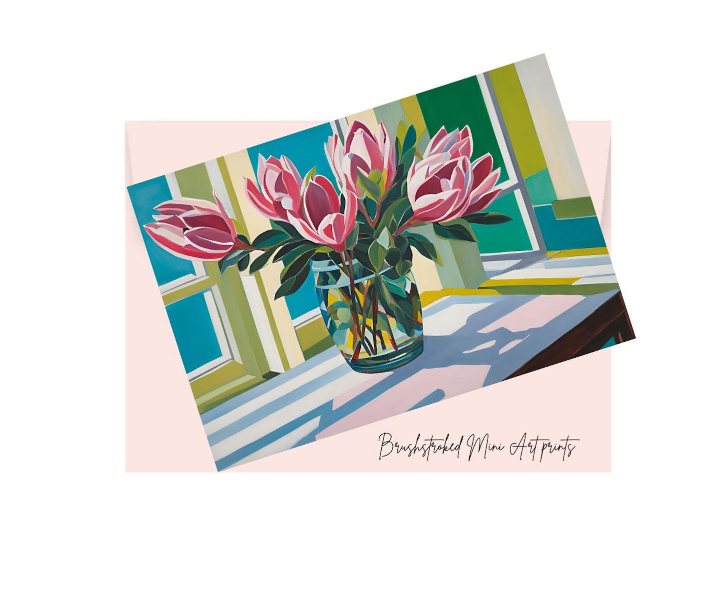 mini Art print of pink proteas flowers in a glass vase on a table colourful abstract background.On top of a pink envelope