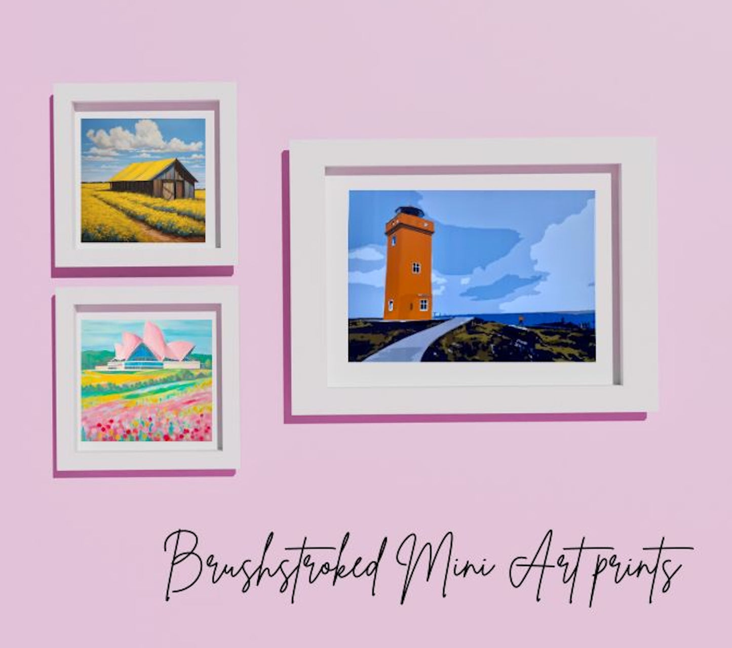 mini art prints framed and hung on wall