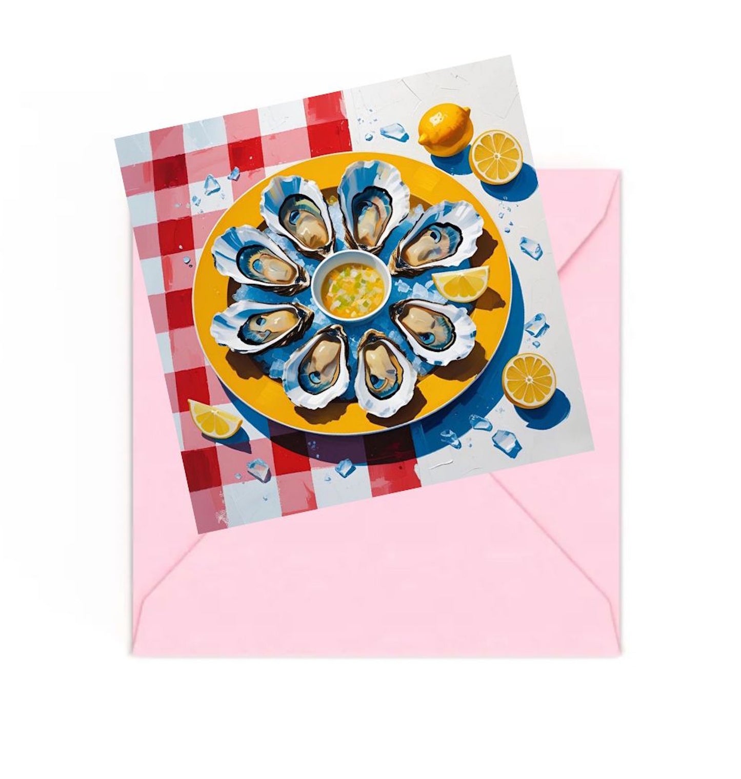 Modern giclée art print of oysters and lemons on yellow plate