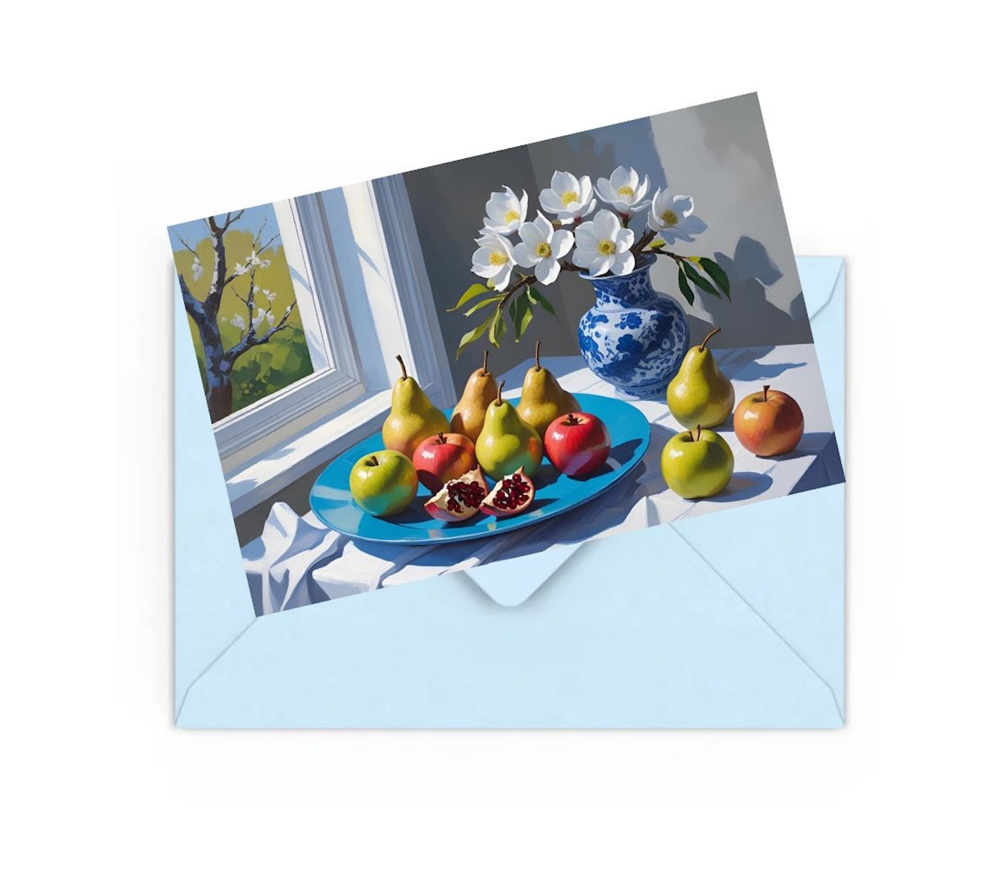 Mini art print of flowers and fruit on table, on top of a blue envelope for posting.