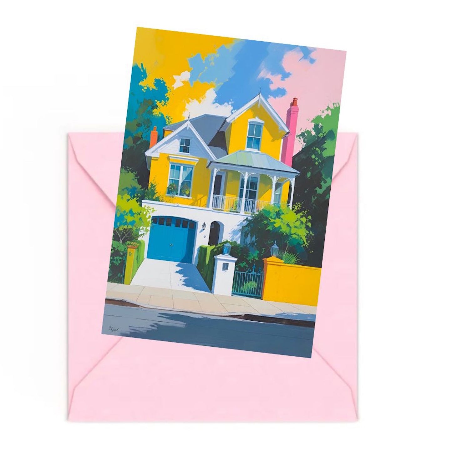 mini art print of a Yellow Australian house, on top of a Pink envelope