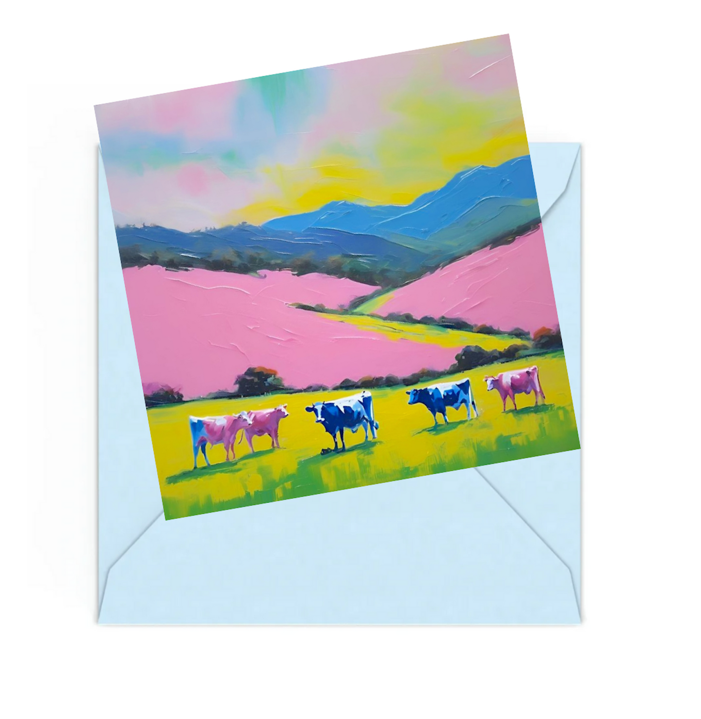 Mini art print of a colourful landscape with rolling hills and Black and Pink cows