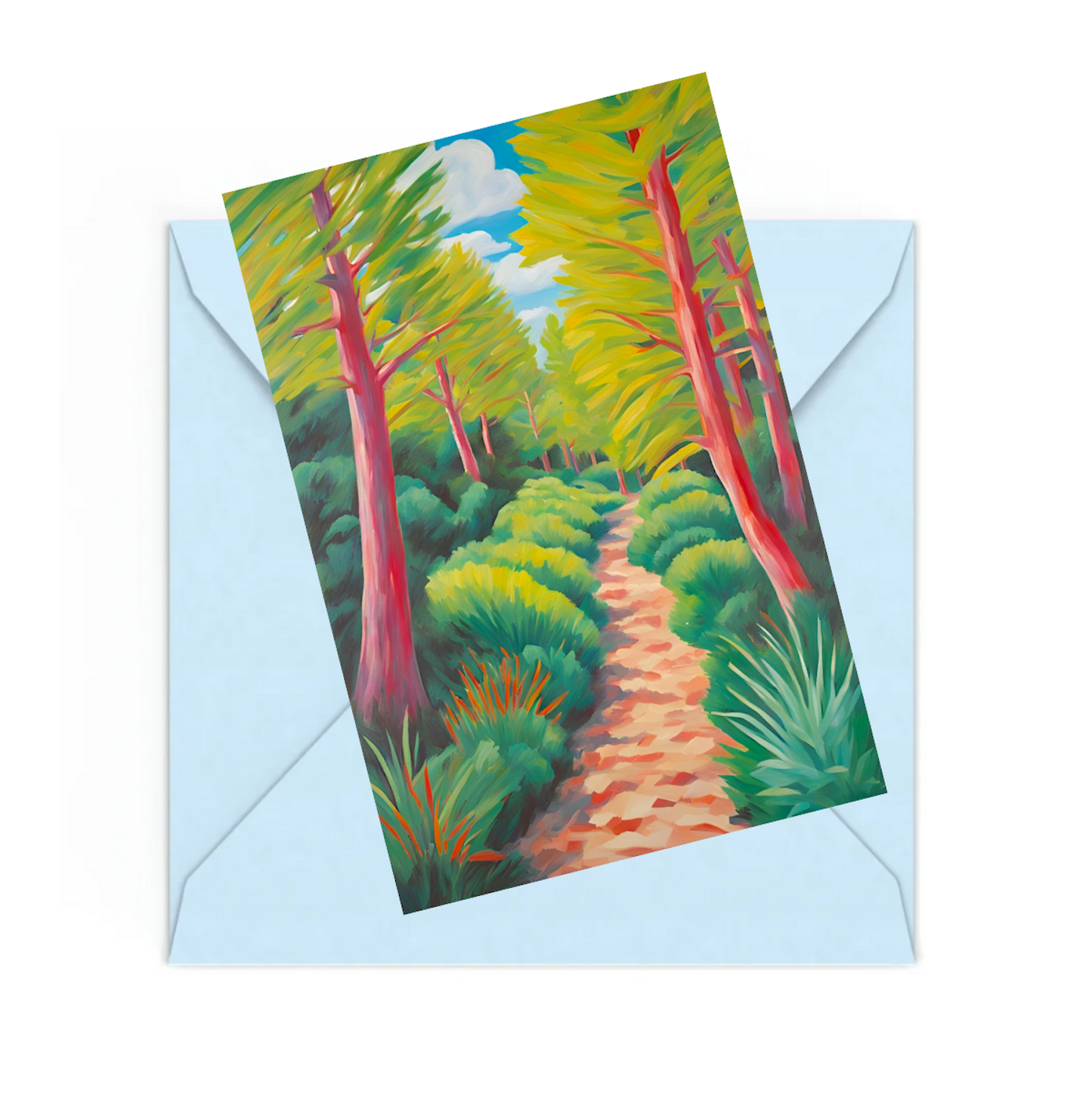 Mini art print of a whimsical colourful forest landscape sitting on top of a Blue envelope.