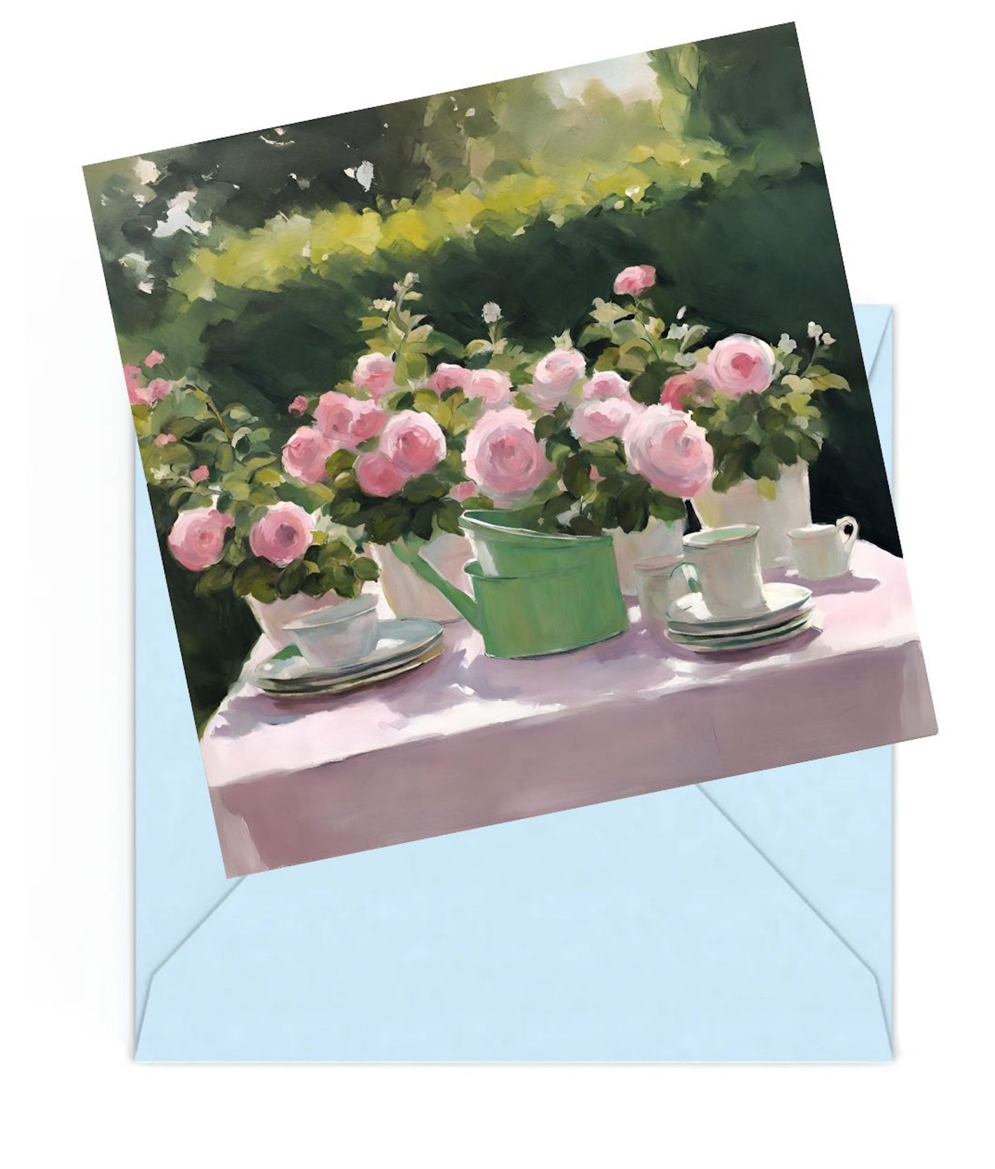 Mini art print of Pink roses in pots on garden table , on top of a Blue envelope.