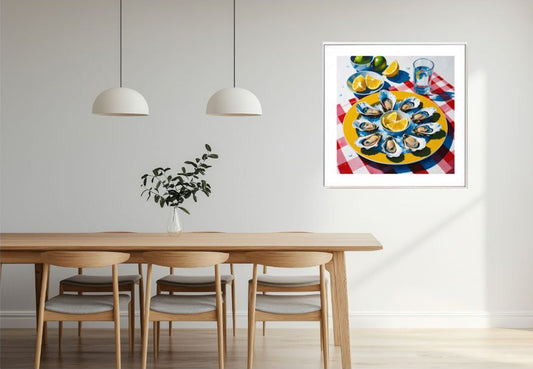 Dining room with a table and chairs, and a framed artwork of oysters on a checkered cloth.