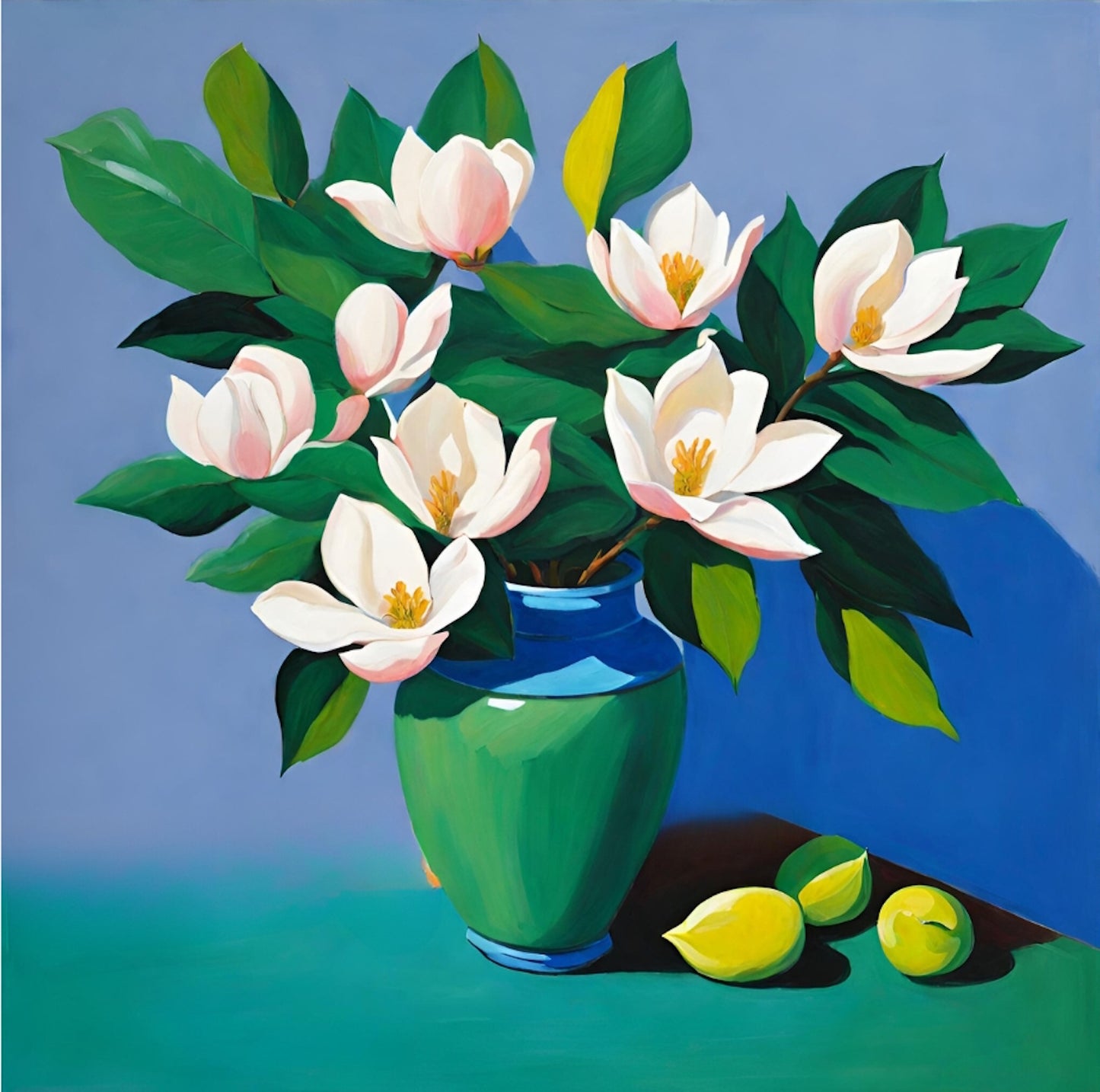 Art print of a green vase with white Magnolia flowers and green leaves on a blue background .