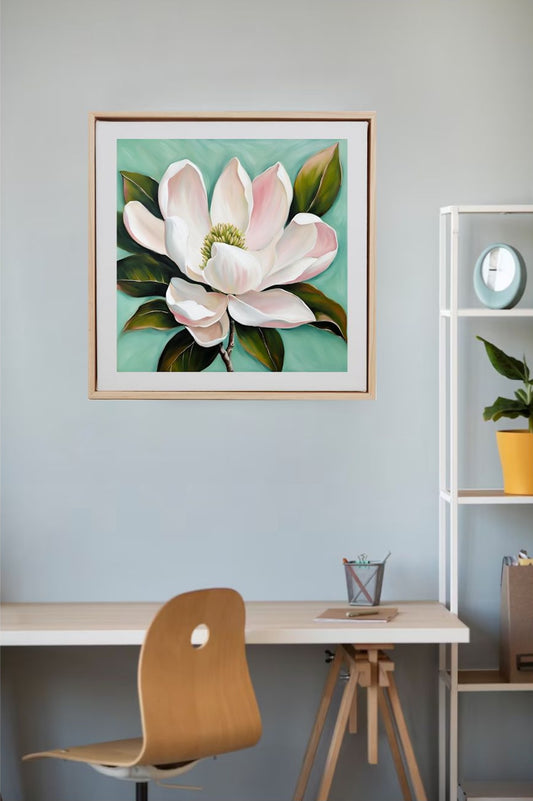 large single pale pink protea flower and green leaves painted in a blue green background framed and hanging on wall