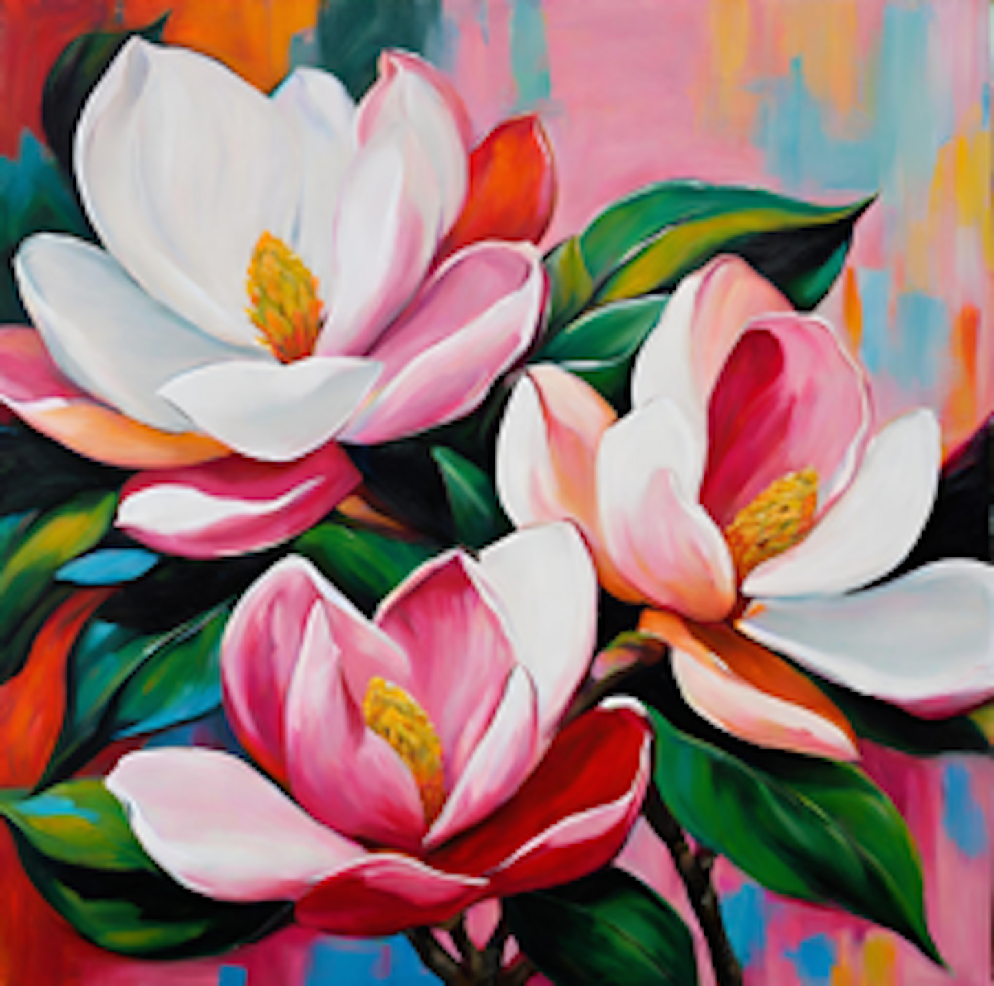 Pink magnolias green leaves colourful background art print