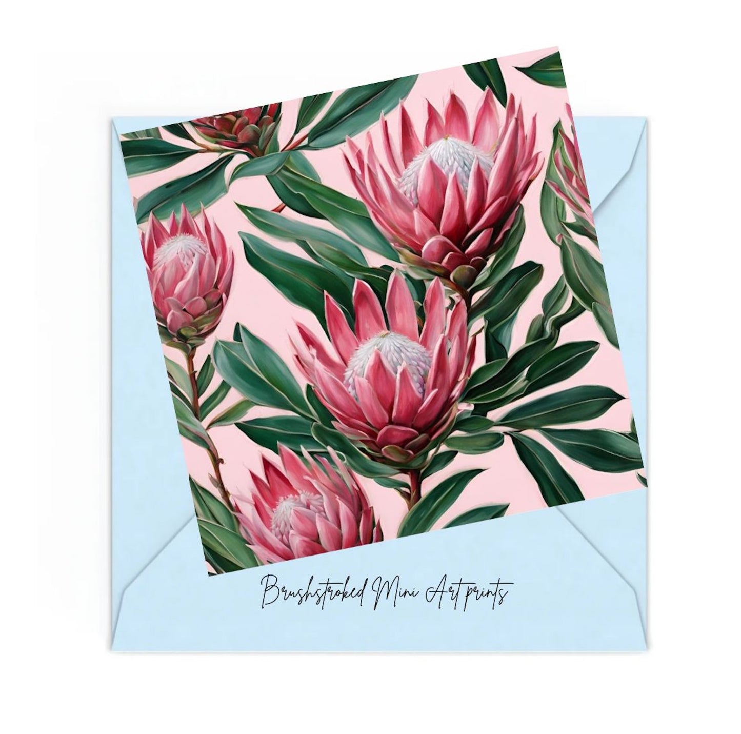 Mini art print of Pink Proteas flowers and green leaves on Pink background.