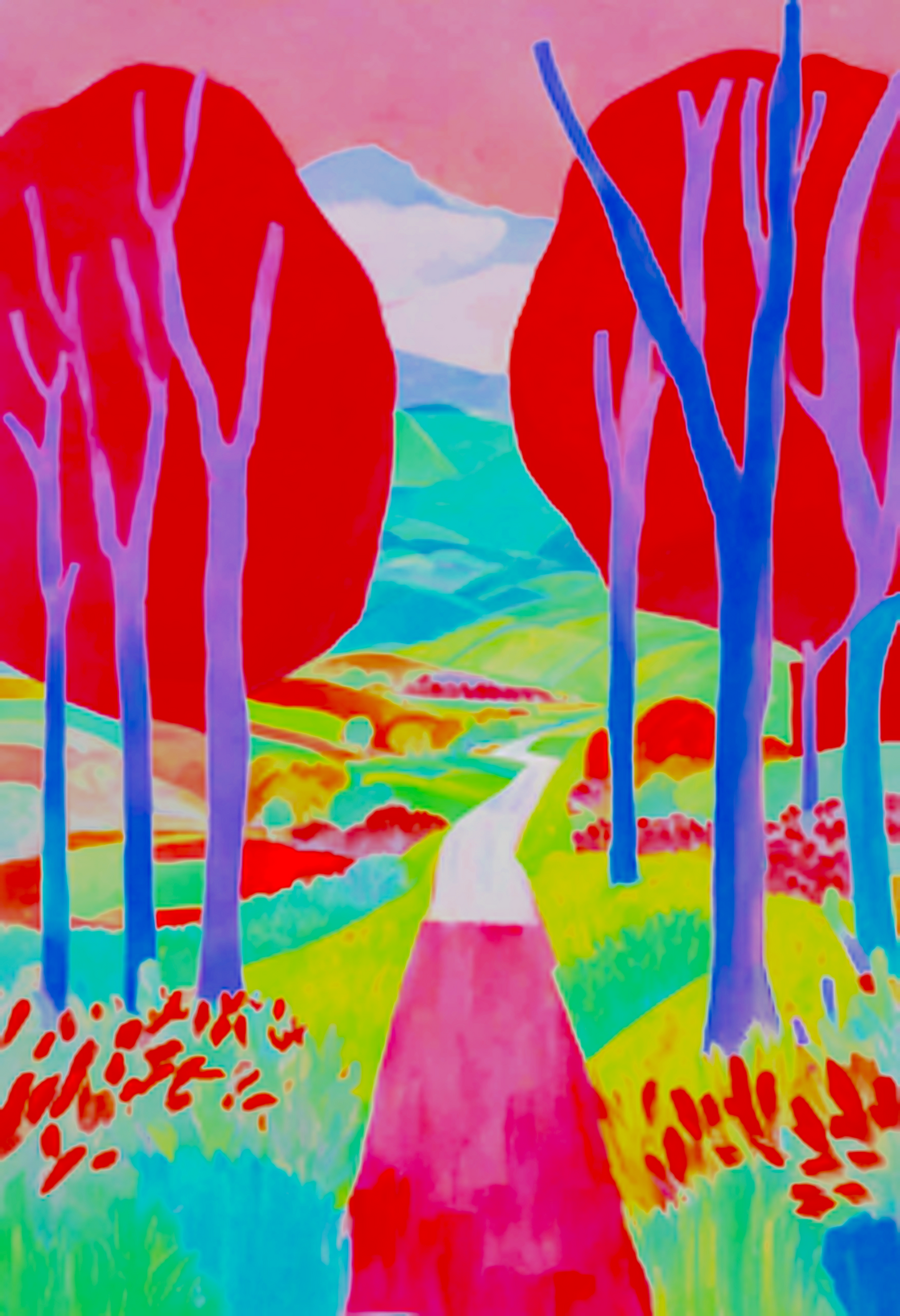 Pink_trees_colourful_landscape with pink trees and path_hockney_style art print