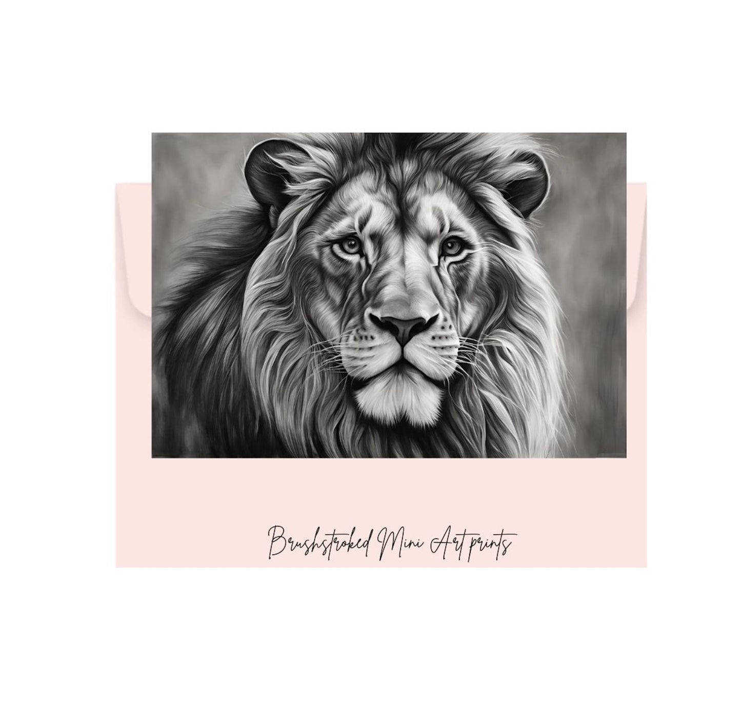 Black and white lion mini art illustration print on a pink card with 'Brushstroked Mini Art Prints' text.