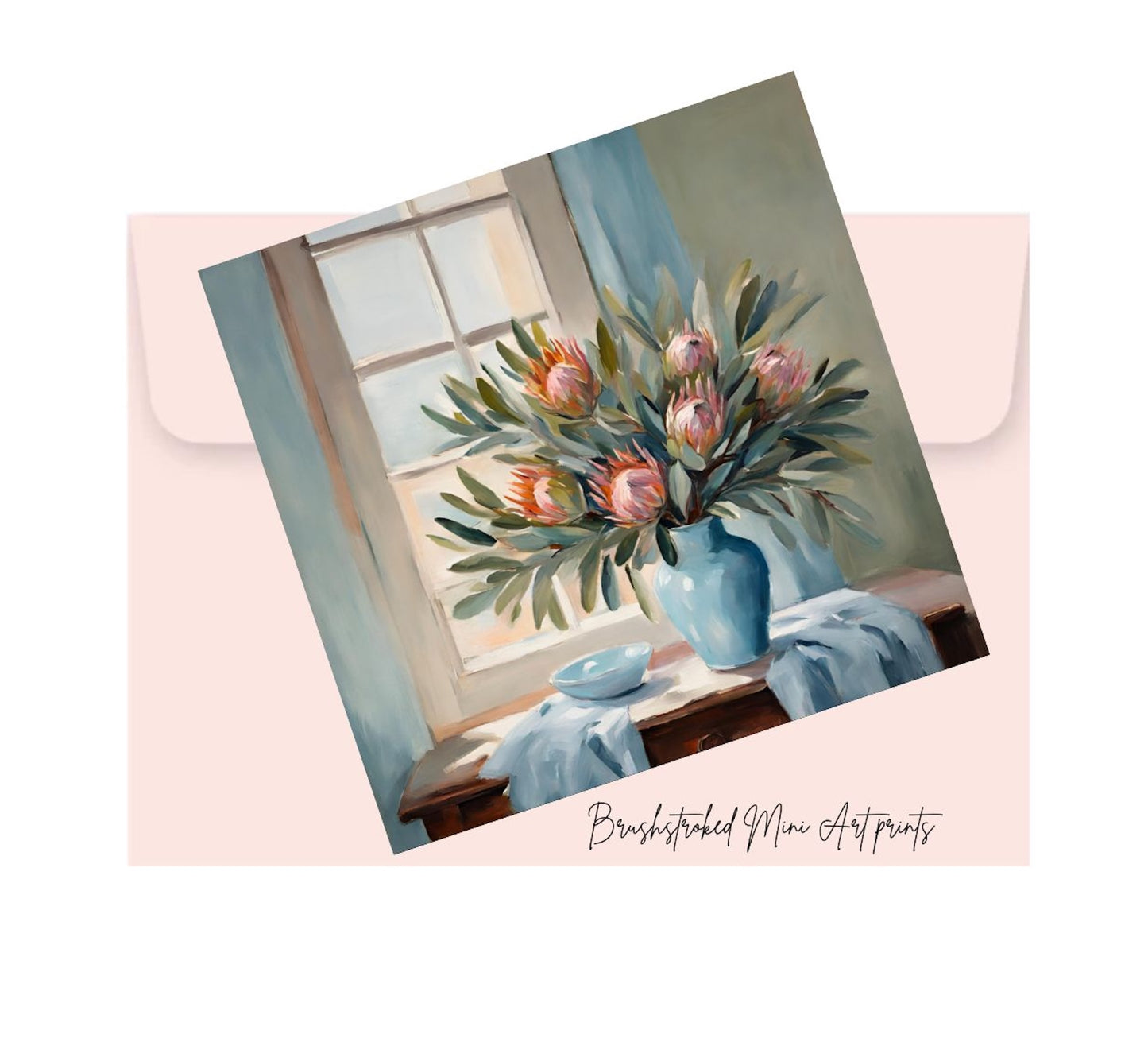 Pink proteas and green leaves in blue vase on table near window mini art print