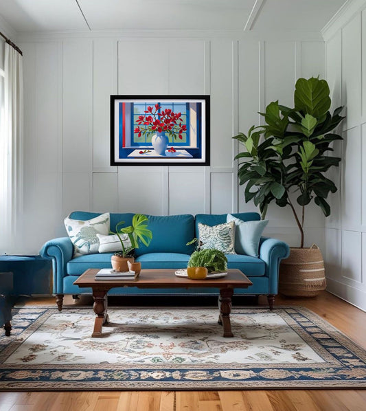 red Magnolias in white vase n table giclée modern art print