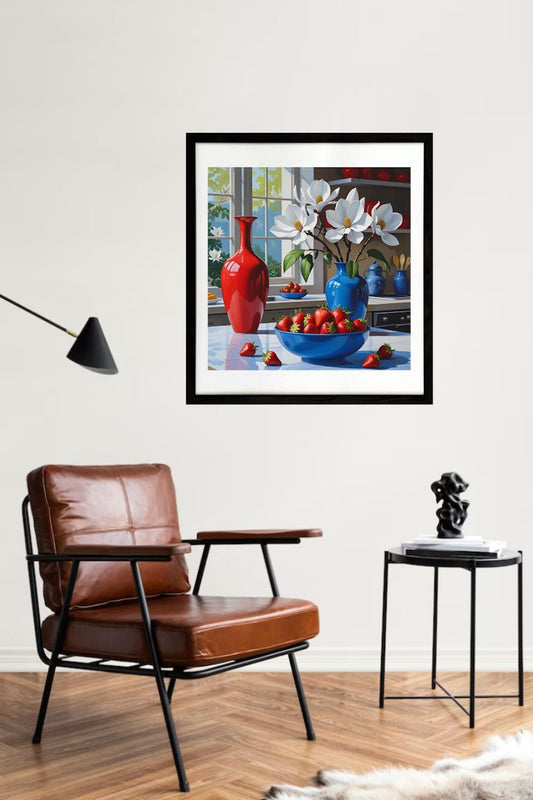 Pink Magnolias and Red strawberries in a kithen setting framed and hanging on wall