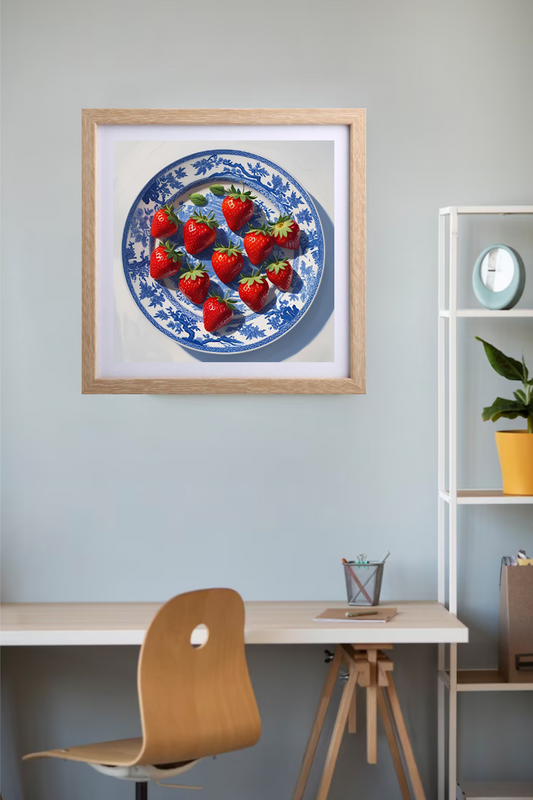 Red strawberries on blue and white plate art print framed and hanging in home office