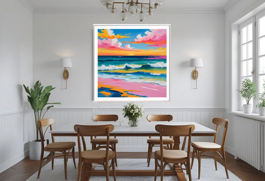 Giclée wall art pf a colourful abstract seascape with beach and waves hanging on a wall above a dining table.