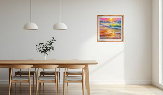 Dining room with wooden table, chairs, and a colorful abstract seascape painting on the wall.