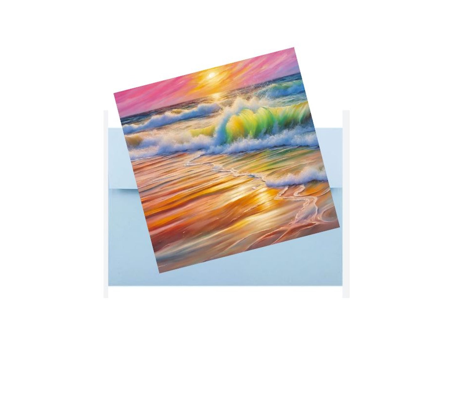 colourful sunset beachscape mini art print on top of a Blue envelope