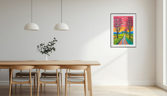 Dining room with a wooden table, chairs, and a colourful abstract landscape painting on the wall.
