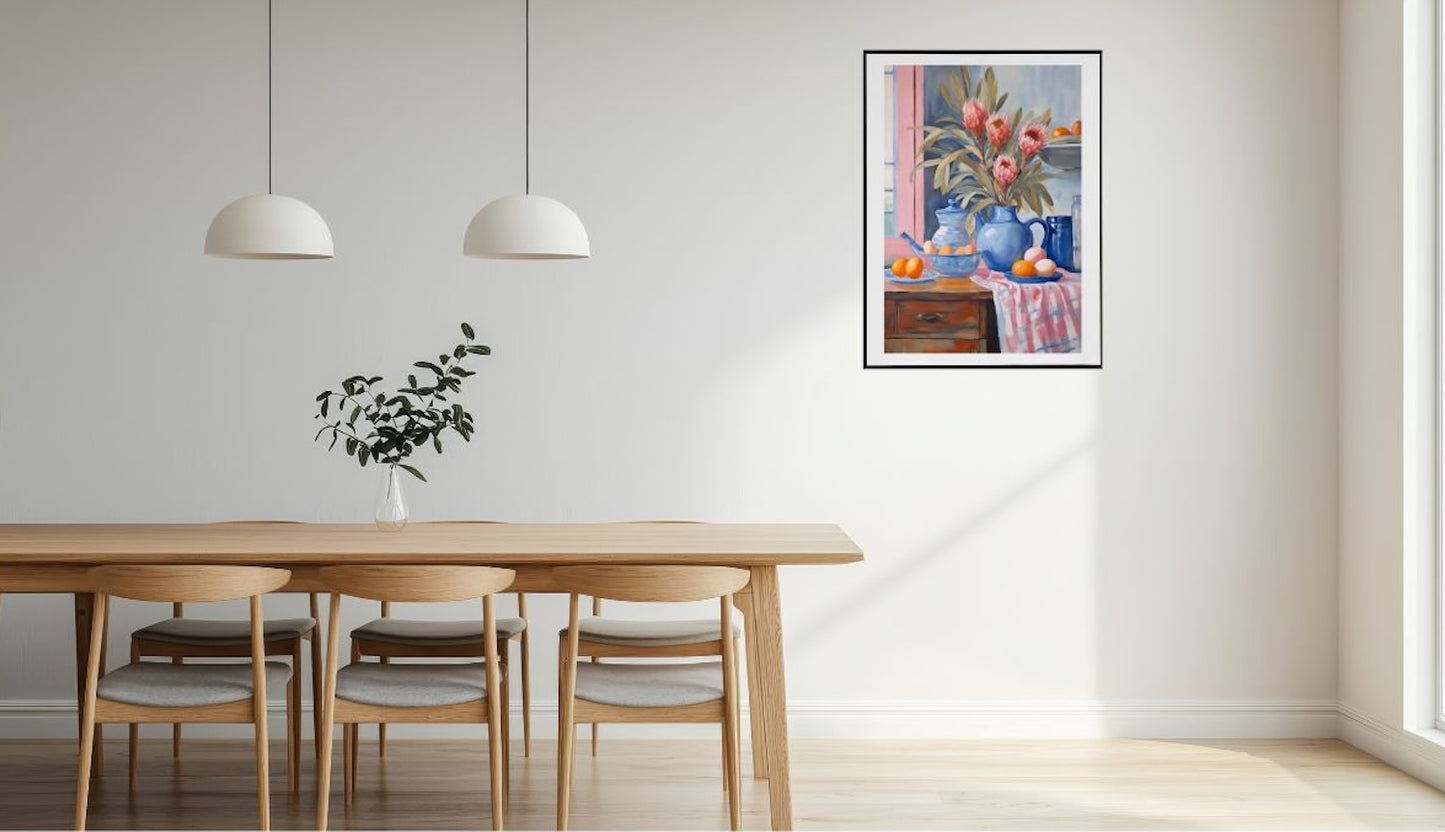 Proteas Flowers In Blue Jug Giclée Art Print.