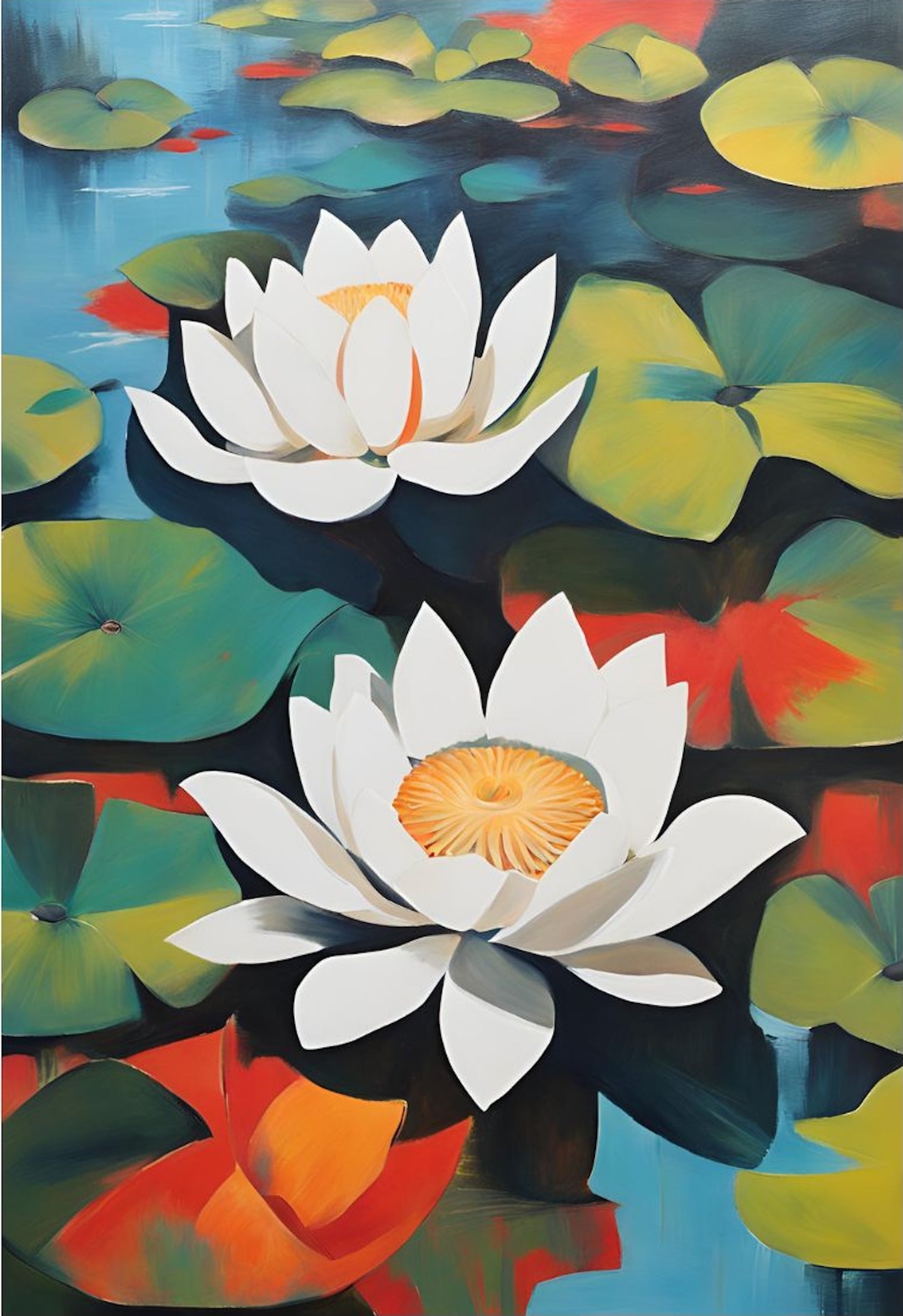 white lotus flowers and green lily pads in water colourful art print.
