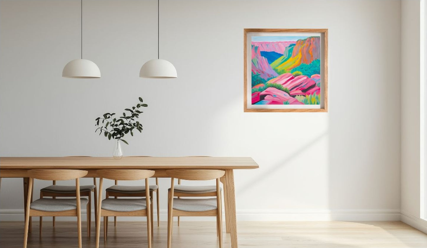 Dining room with a wooden table and chairs, colourful abstract seascape painting on the wall, and two pendant lights.