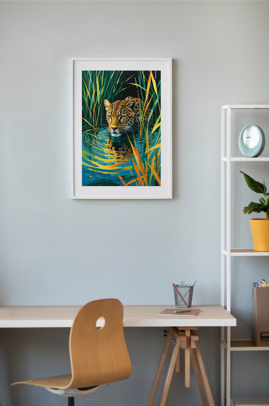 Framed artwork of a leopard in water on a wall above a desk with a chair.