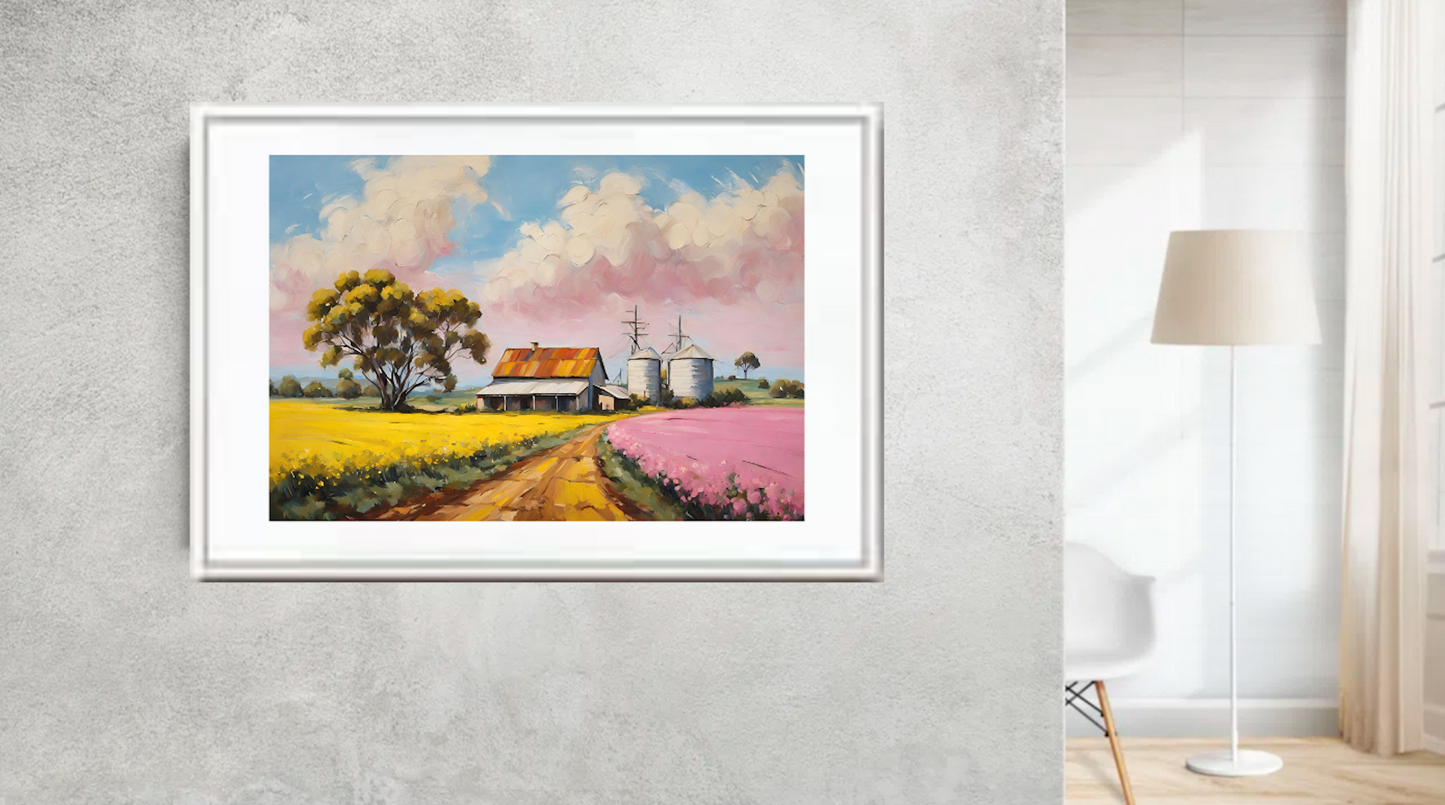 Australian Landscape Art-Farmhouse, Silos- Canola Fields original Giclée Art Print.