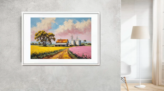australian landscape farmhouse silos flowers and canola fields art print on wall