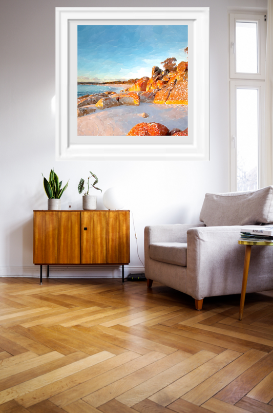 bay of fires tasmania australia art print hanging on wall framed in white.