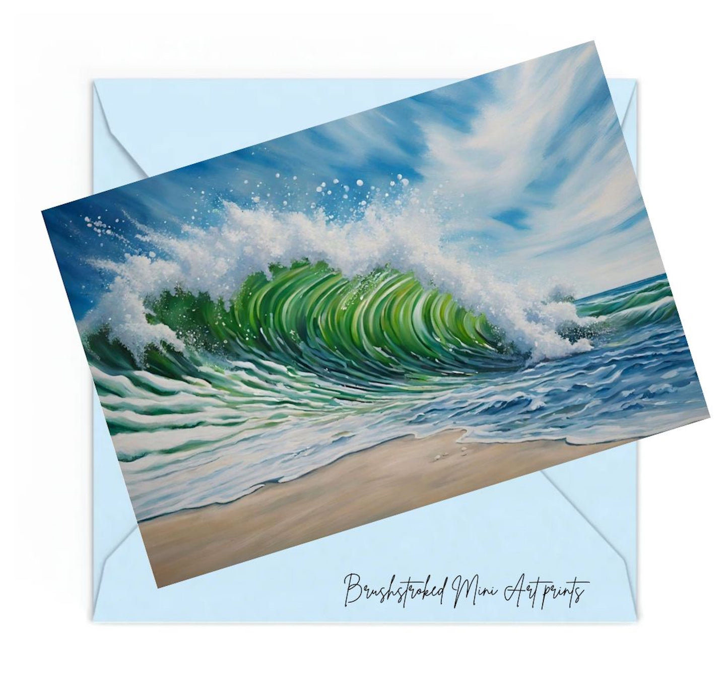 large green wave breaking on the sand with foam spraying mini art print.